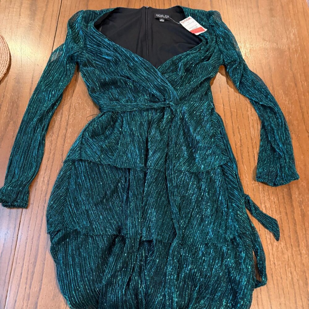 Rachel Zoe Emerald Green Metallic Wrap Mini Dress Tiered Ruffle NWT S Retro